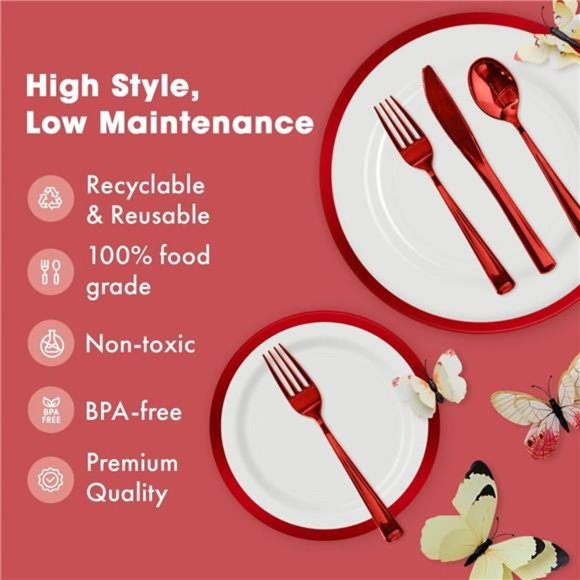 Heavyweight Red Plastic Plate Set|150PCS for 25Guests|Clear Plates with Red Trim - Picture 5 of 7
